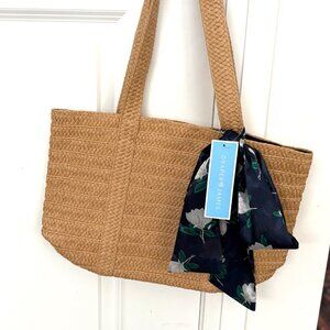NWT James Draper Straw Tote Bag with Floral Scarf